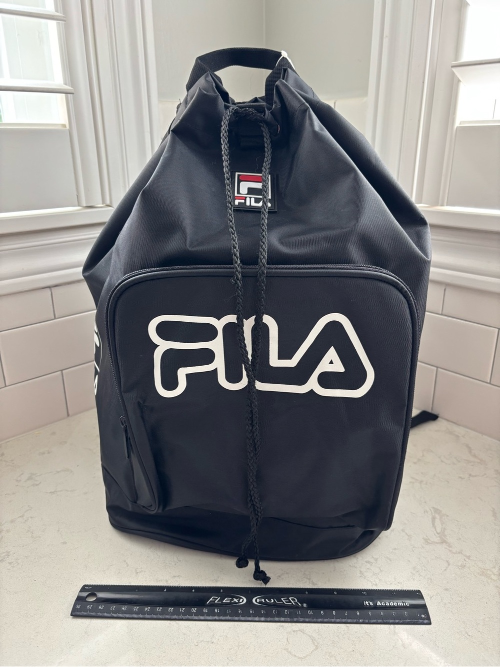 FILA Black Nylon Backpack with White Logo and Drawstring Top